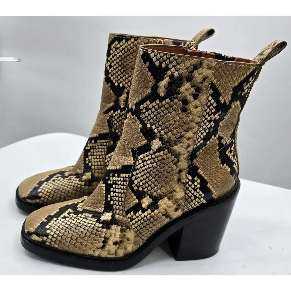 Tory Burch Boots Womens Size 9 Brown Snake Leather Ankle Block Heel Booties